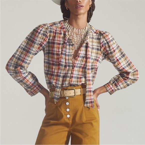 Anthropologie Pilcro Plaid Blouse Tie-Neck Button Down Peasant Top - Picture 1 of 13